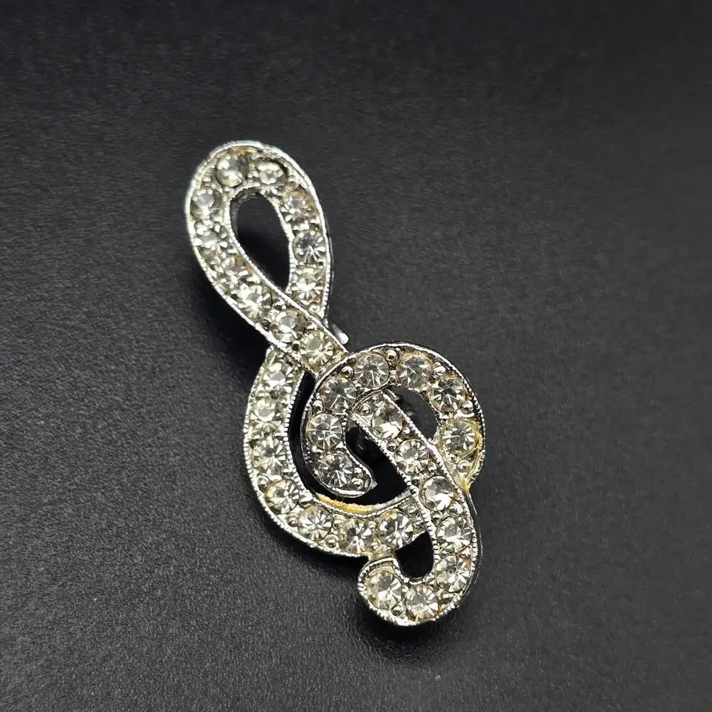 Rhinestone Treble Clef Brooch Music Note Vintage Costume Jewelry